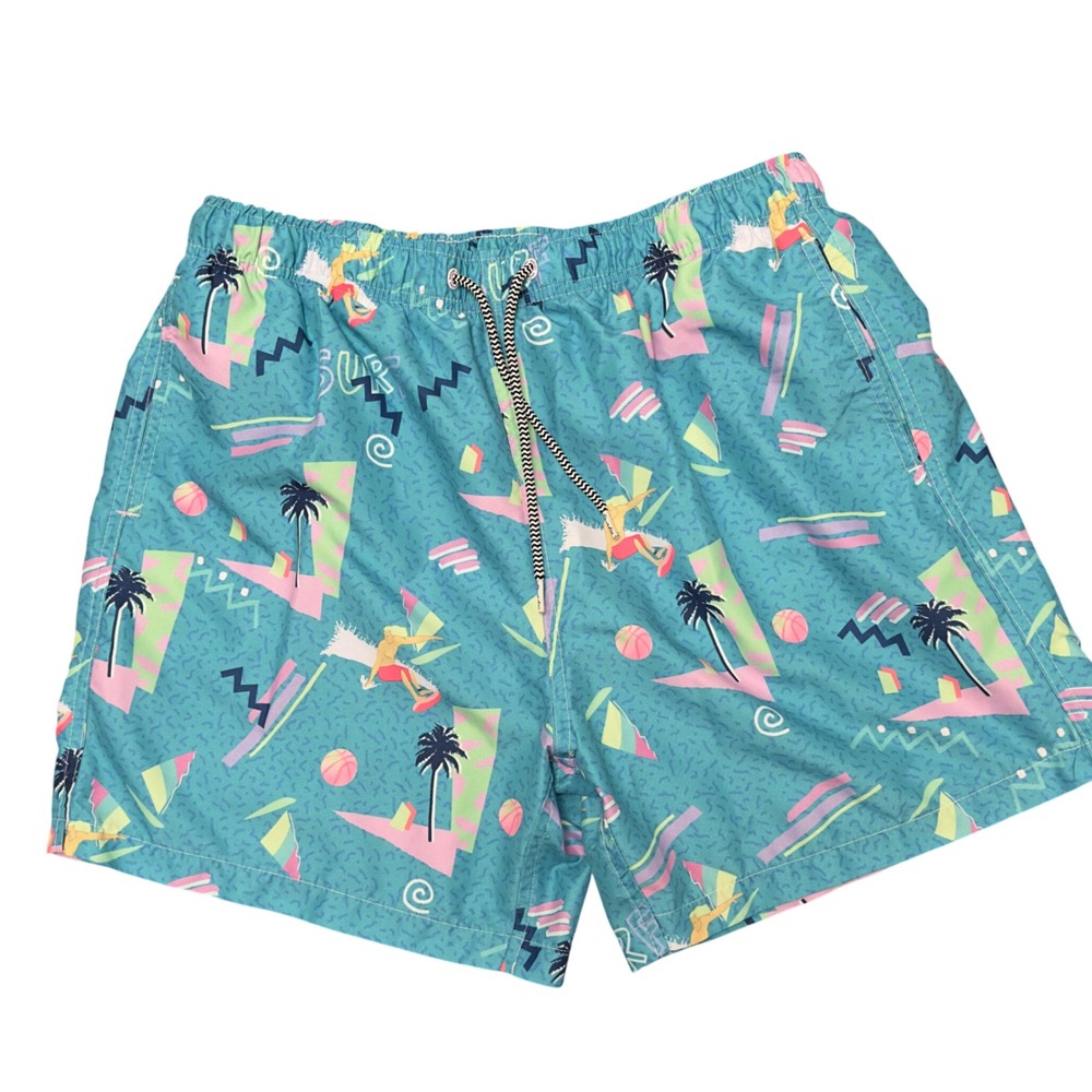 Men's L Retro Boardies Swim Trunks 80s Vaporwave Graphic Lined 5" Apparel Surf